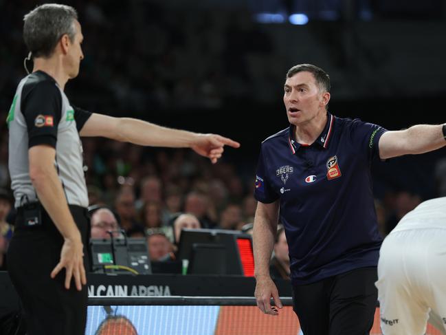 MELBOURNE, AUSTRALIA - FEBRUARY 16: Mike Wells, head coach of the 36ers reacts during the NBL Play-In match between South East Melbourne Phoenix and Adelaide 36ers at John Cain Arena, on February 16, 2025, in Melbourne, Australia. (Photo by Daniel Pockett/Getty Images)