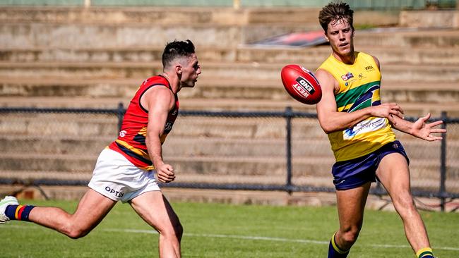 Jones in action against Jack Hayes in the SANFL last year. Picture: Mike Burton