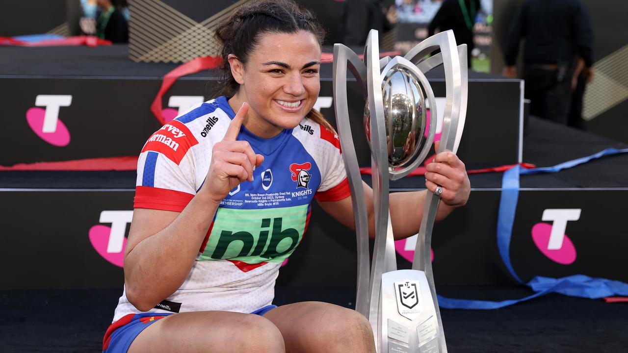 Millie Boyle celebrates with the NRLW premiership trophy after winning the 2022 grand final against Parramatta. Picture: Getty Images