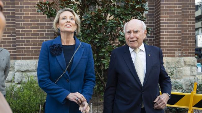 Warringah candidate Katherine Deves was out on the hustings in Manly with former Liberal PM John Howard. Picture: Daily Telegraph / Monique Harmer