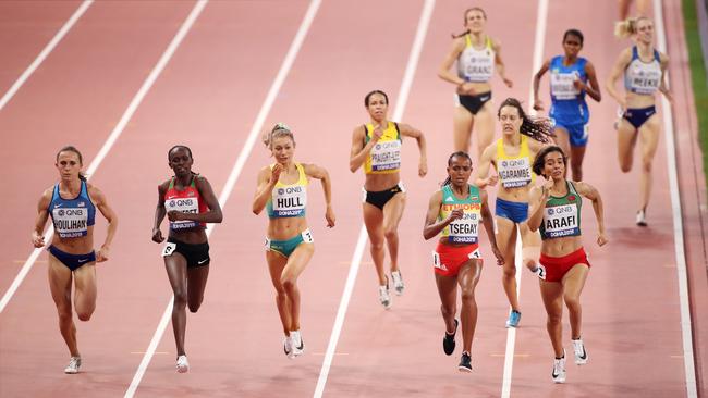 Jessica Hull secures automatic qualification for the 1500m semi-finals at the IAAF World Athletics Championships in Doha, Qatar with a fifth-place finish in her heat. Picture: Getty images