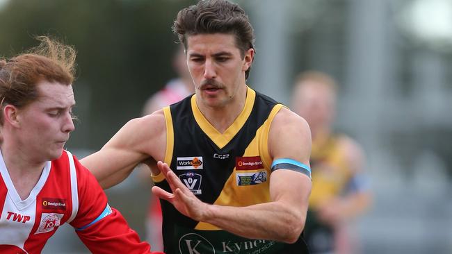 Bendigo FNL, South Bendigo Bloods v Kyneton Tigers, at QE Oval, Bendigo, Jesse Sheahan, 14, South Bendigo   &  Mitch Comben, 9,   Kyneton,     Picture Yuri Kouzmin