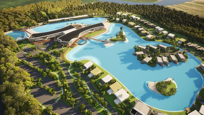 An artist’s impression of an aerial view of the proposed NorthBreak surf park. Picture: Gary Hunt Design.