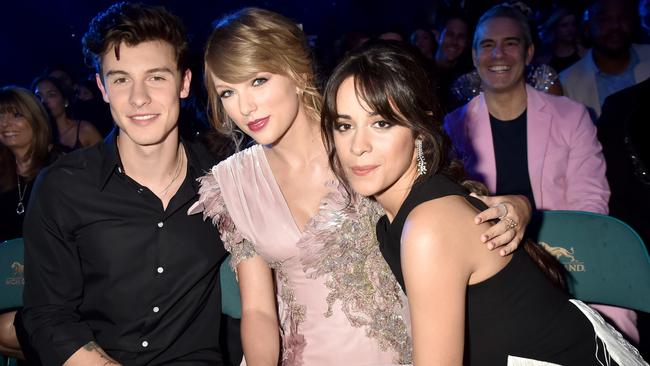 Recording artists Shawn Mendes, Taylor Swift and Camila Cabello at the 2018 Billboard Music Awards in Las Vegas. Picture: Jeff Kravitz/FilmMagic