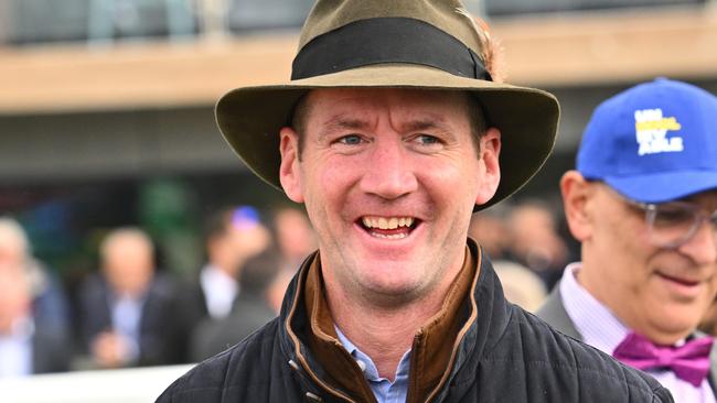 WARRNAMBOOL, AUSTRALIA - APRIL 30: Trainer Ciaron Maher celebrates with connections after won winning Race 4, the Cally Hotel Maiden Plate during Brierly Day at Warrnambool Racecourse on April 30, 2024 in Warrnambool, Australia. (Photo by Vince Caligiuri/Getty Images)