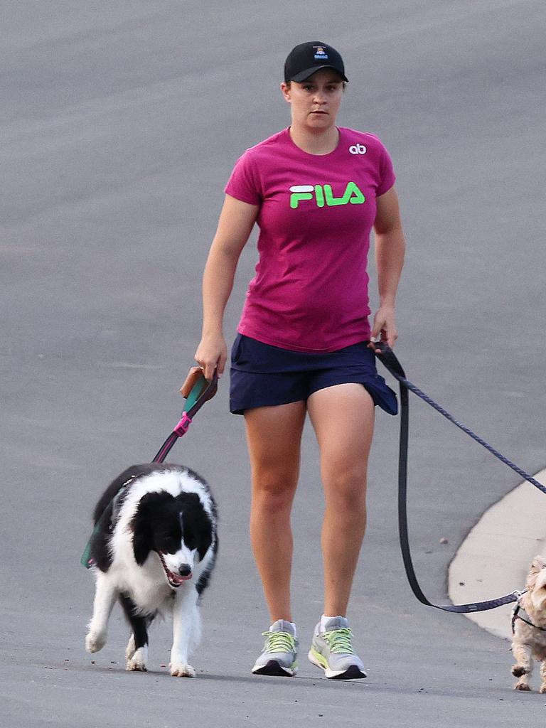 A pregnant Ash Barty takes her dogs for a morning walk near her home at Brookwater. (WP Media)