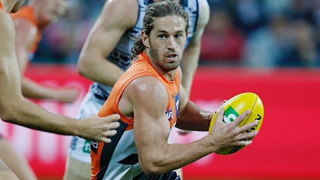AFL Round 11. Geelong v GWS Giants at Simonds Stadium. Callan Ward gets out of trouble. Pic: Michael Klein.