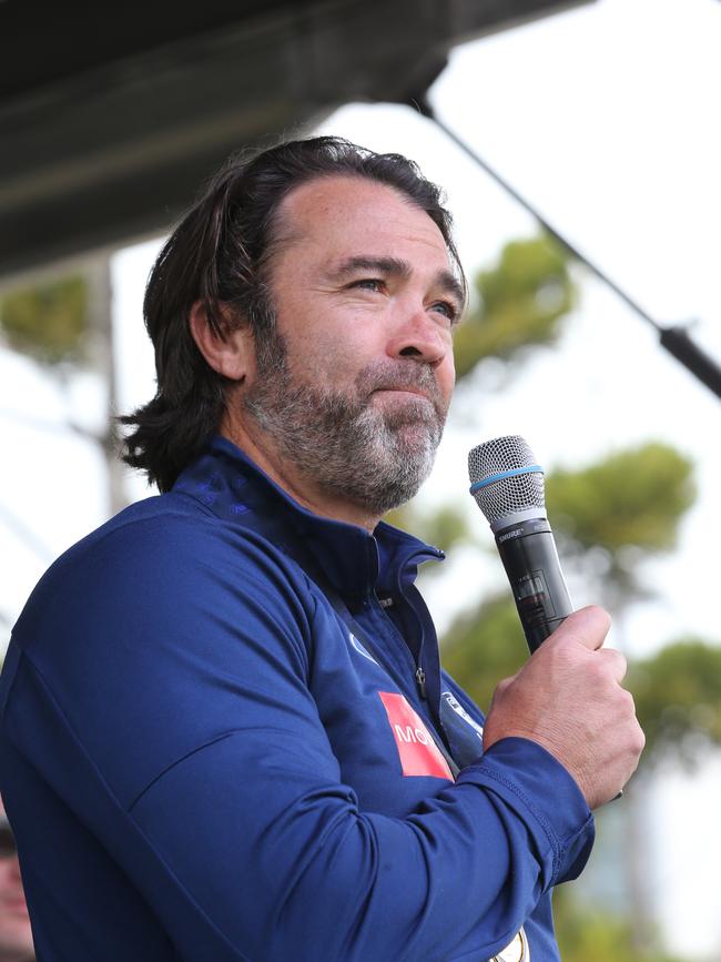 Chris Scott looks out over the sea of fans at the club’s parade last year. Picture: Alan Barber