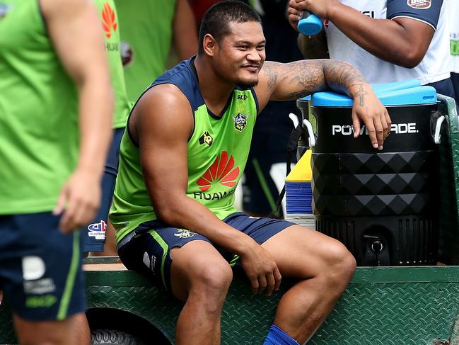 Joseph Leilua at  Raiders training at Raiders Headquarters in Canberra. Picture Kym Smith