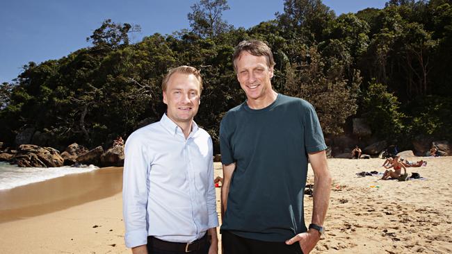 Tony Hawk with Manly MP James Griffin at Shelly Beach. Picture: Adam Yip / Manly Daily