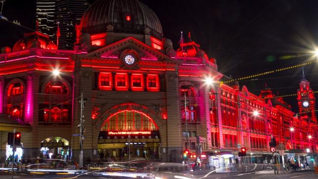 Other landmarks across Australia – including Flinders St Station in Melbourne – were lit up in red for the 110th anniversary. Photo: Australian Red Cross.