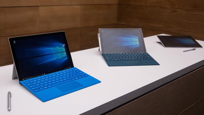 Coming soon ... New Microsoft Surface Pro 4 tablet computers on display in New York. Picture: Andrew Burton/Getty Images