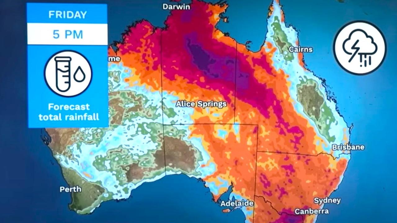 By Friday, parts of central Australia and the south east may see more than 100mm of rain. Picture: BOM.