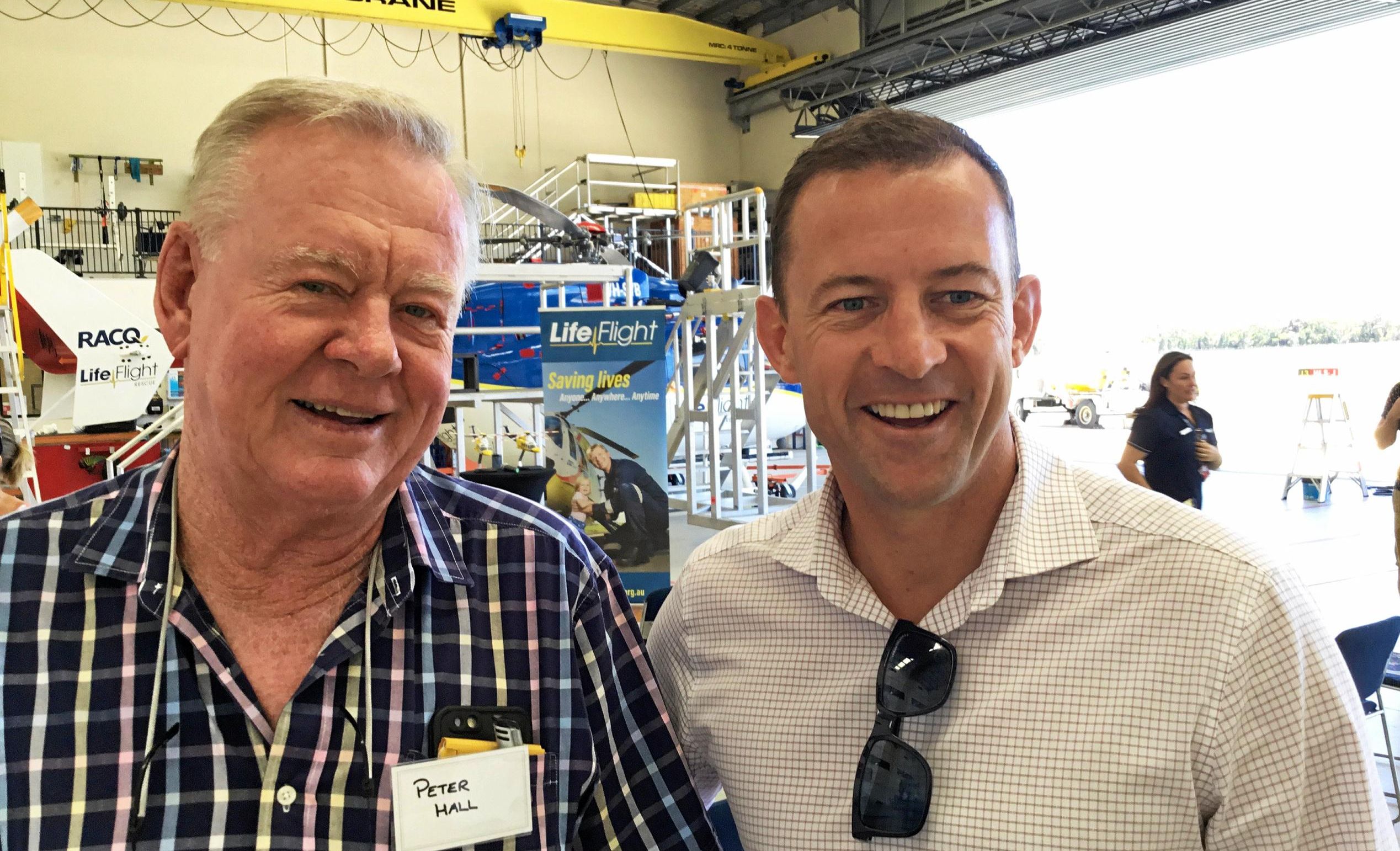 ?Peter Hall and Paul McHugh at the RACQ LifeFlight Rescue Helicopter presentation morning at Sunshine Coast Airport. Picture: Erle Levey