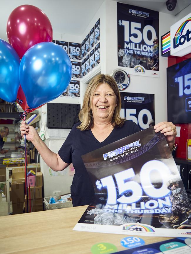 Newsagent Liz Dreimann from Mawson Central Newsagency before last week’s $150m draw. Picture: Matt Loxton