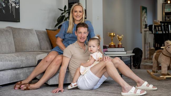 2022 Melbourne Cup-winning jockey Mark Zahra at home with wife Elyse and daughter Harper. Picture: Jason Edwards