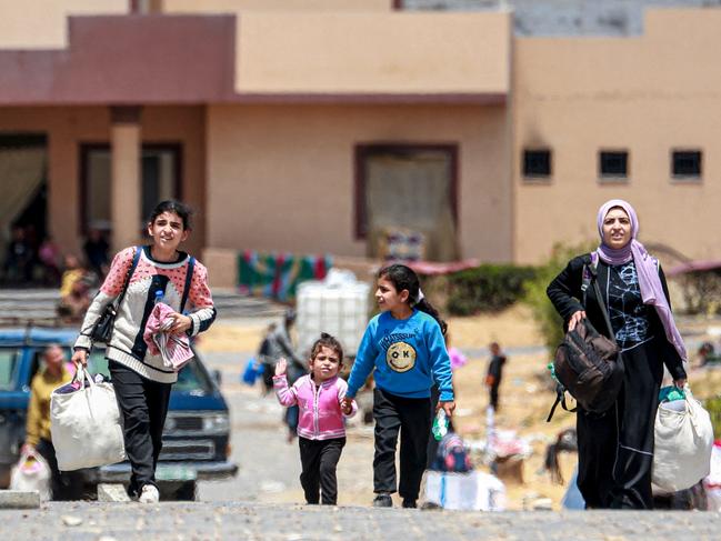 Displaced Palestinians who left with their belongings from Rafah in the southern Gaza Strip following an evacuation order by the Israeli army. Picture: AFP