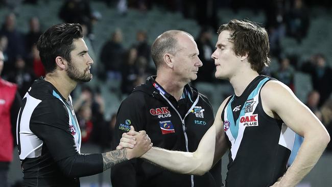 Port Adelaide midfielder-forward Chad Wingard, left, has declared his intent to stay at Alberton next season while the Power expects wingman Jared Polec to take up his “godfather” offer from North Melbourne. The refit of the Port Adelaide squad in the off-season will be telling of how much the Power has learned after failing to play AFL finals for the third time in four years. Picture: Sarah Reed.