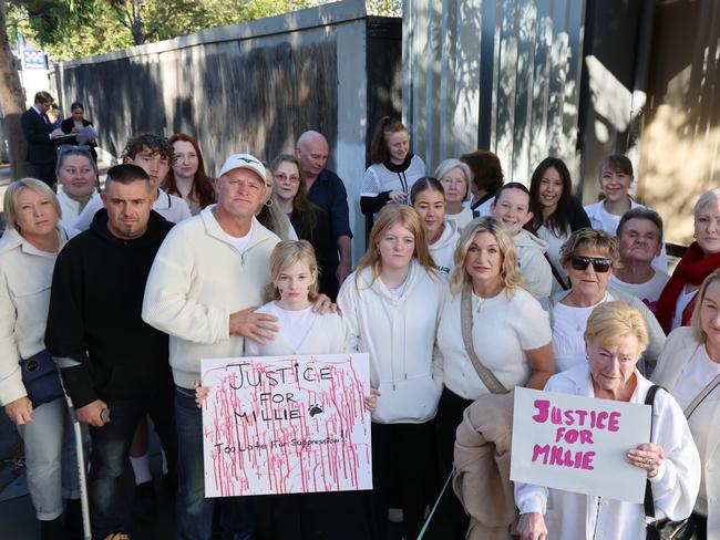 The Wood family and supporters outside Ringwood Magistrates’ Court ahead of contest mention for Mark Martinaj, accused of beating their dog to death with a metal pole. Picture: NewsWire/ David Crosling
