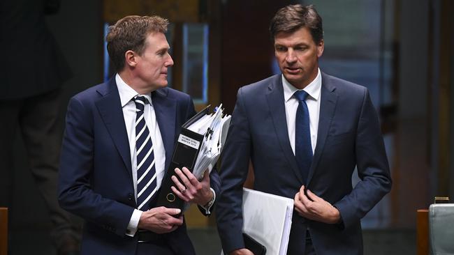 Attorney-General Christian Porter, left, and Energy Minister Angus Taylor arrive for question time.