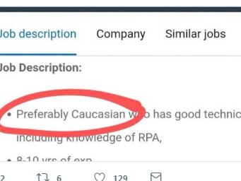 Cynet Systems Inc is under fire after advertising a position - open to "preferably Caucasian" applicants. Picture: Twitter