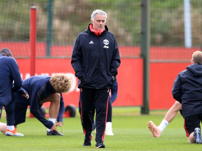 Manchester United's Portuguese manager Jose Mourinho attends a training session at the Carrington Training complex in Manchester, north west England on October 1, 2018, ahead of their Champions League group H football match against Valencia on October 2. (Photo by Lindsey Parnaby / AFP)