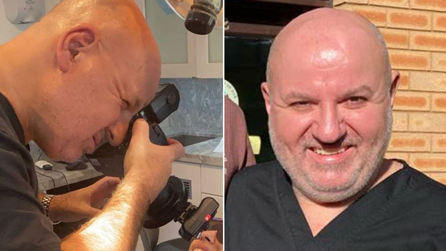 High profile Sydney dentist Dr Bill Zafiropoulos, seen at work, left, and outside his offices, right, was badly beaten in an attack in his surgery. Pictures: Supplied