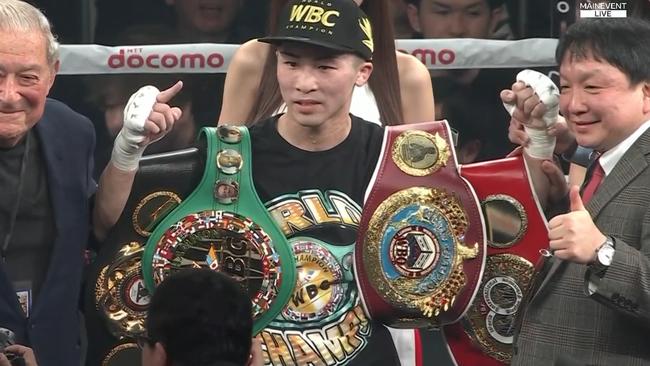 Inoue with his four super bantamweight belts. Photo: Main Event.
