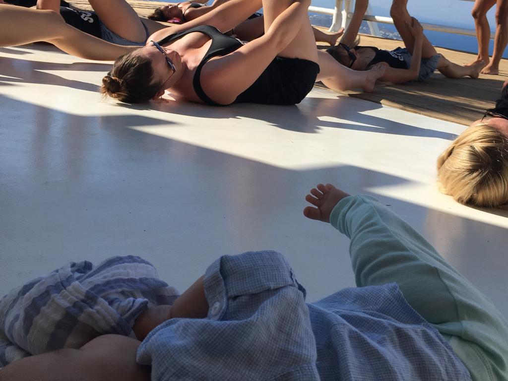 Baby doing some yoga in Mykonos before a friend’s wedding. Picture: Victoria Craw/News.com.au