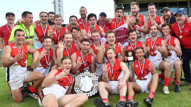 The Southern Football League Grand Final is being played between Noarlunga and Flagstaff Hill photograph at Hickinbotham Oval, Noarlunga Adelaide on Saturday the 21st of September 2019. Grand Final Winners - Flagstagg Hill FC (AAP Image/Keryn Stevens)