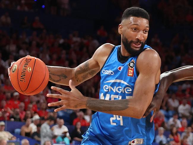 PERTH, AUSTRALIA - JANUARY 22: Marcus Lee of Melbourne United drives to the key during the round 17 NBL match between Perth Wildcats and Melbourne United at RAC Arena, on January 22, 2025, in Perth, Australia. (Photo by Paul Kane/Getty Images)