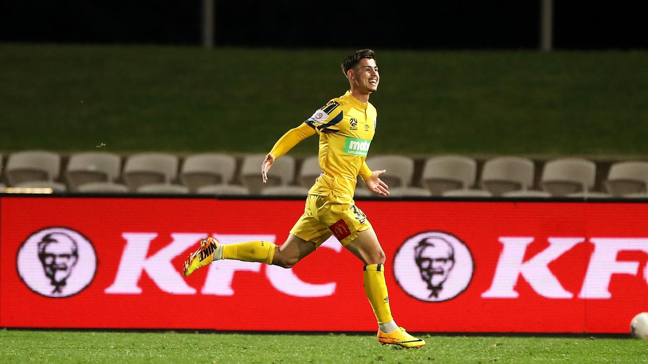 Mariners marksman Dylan Ruiz-Diaz celebrates one of his goals against Melbourne Victory. Picture: Mark Kolbe/Getty Images