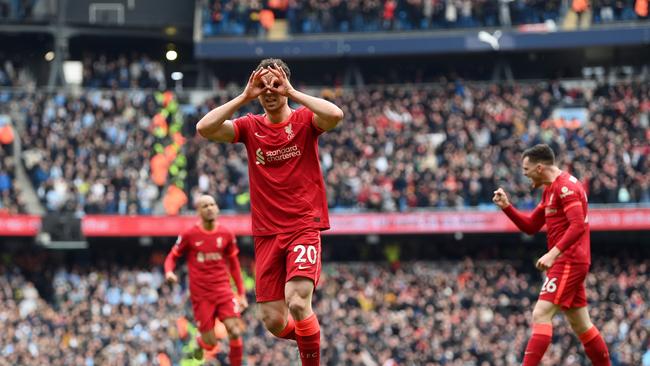 Diogo Jota of Liverpool celebrates after scoring his side's first goal. (Photo by Michael Regan/Getty Images)