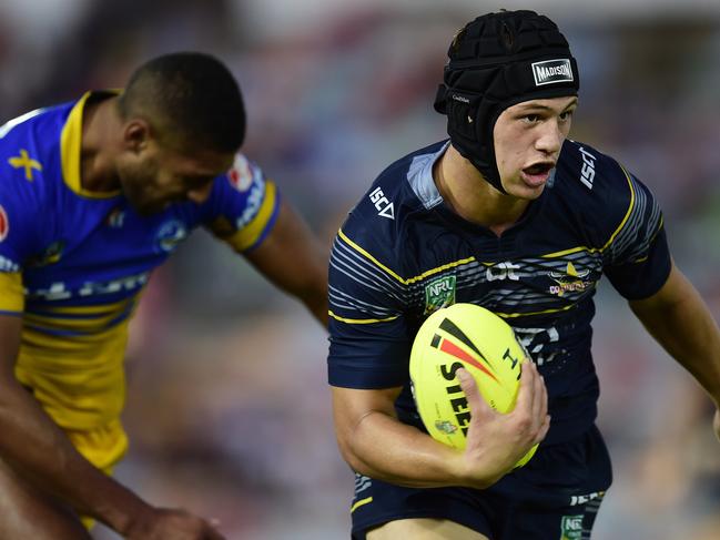 NYC U20 Cowboys take on the U20 Eels at 1300 SMILES Stadium, Townsville, QLD. Cowboys Kalyn Ponga gets away from Eels Jermaine Mati-Leifi.