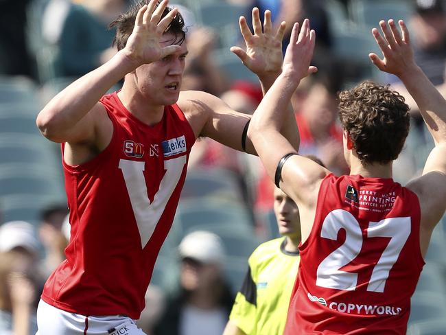 09/09/18 - SANFL - First Semi-Final - Sturt v North Adelaide at the Adelaide Oval. Jordan Sweet celebrates his goal with Boyd Woodcock. Picture SARAH REED