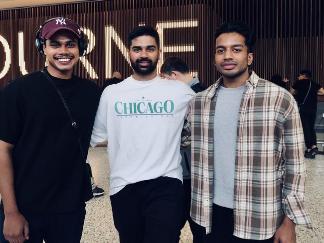 Vivek Perera, Malith Gunasekara and Adrian Veerasingham touched down in Melbourne Airport in time for Easter. Picture: Adam Daunt