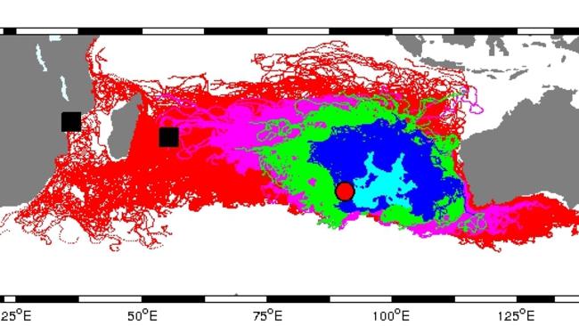 Drift modelling by Professor Charitha Pattiaratchi from the University of WA shows the likelihood of MH370 debris turning up in eastern Africa and even Australia over the two years since the plane’s disappearance. Picture: UWA