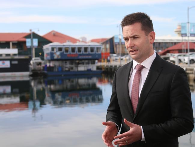 Opposition leader Dean Winter speaks to the media on the Hobart waterfront on Thursday, August 15, 2024.