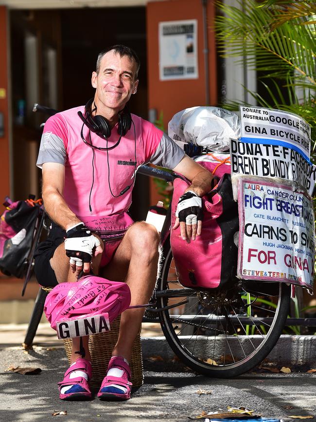 Brent Bundy has cycled from Sydney to Cairns raising funds for the Cancer Council in memory of his life long friend Gina. Picture: Shae Beplate.