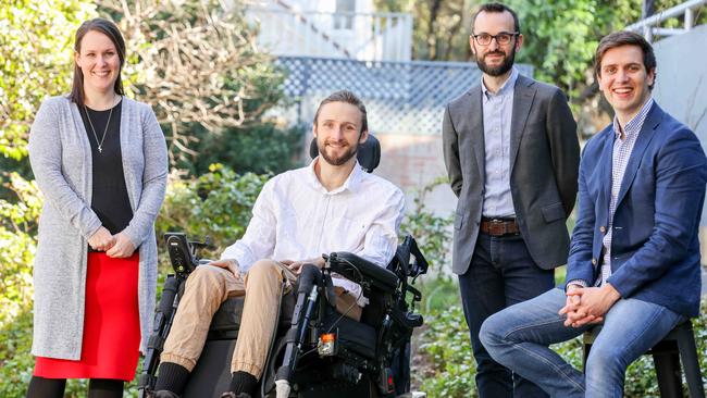 Laura O'Reilly, Steve Ralph, Murray Bunton, Jordan O'Reilly back in 2021. HireUp is a technology company founded by the O’Reillys supplying labour to the disability services sector. Picture: Ryan Osland