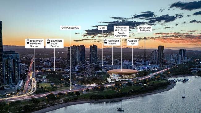 Artist impression of the proposed Gold Coast Arena boutique stadium at Carey Park, Southport. Picture: Supplied by Gold Coast City Council