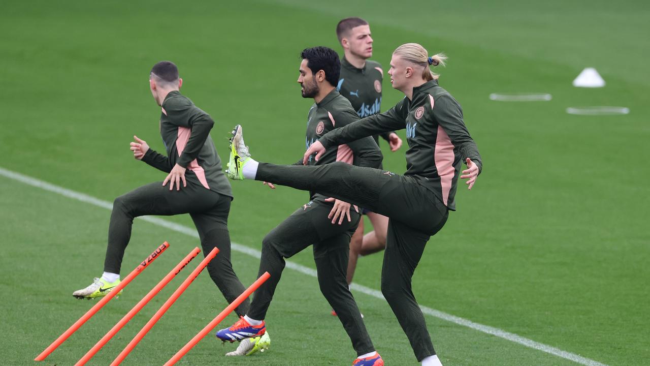 Manchester City training ahead of the clash with Sporting CP. (Photo by Alex Livesey/Getty Images)