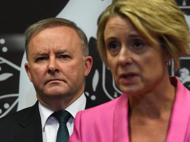 Federal Opposition Leader Anthony Albanese watches Deputy Labor Senate Leader Kristina Keneally during a press conference in Brisbane, Tuesday, June 4, 2019. (AAP Image/Dan Peled) NO ARCHIVING