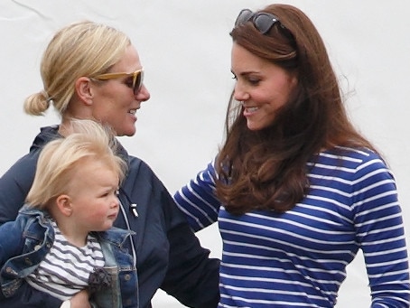TETBURY, UNITED KINGDOM - JUNE 14: (EMBARGOED FOR PUBLICATION IN UK NEWSPAPERS UNTIL 48 HOURS AFTER CREATE DATE AND TIME) Zara Phillips with daughter Mia Tindall greets Catherine, Duchess of Cambridge as they attend the Gigaset Charity Polo Match at the Beaufort Polo Club on June 14, 2015 in Tetbury, England. (Photo by Max Mumby/Indigo/Getty Images)