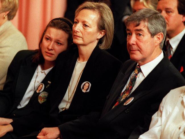 Anna’s sister Alice with mother Angela and father Tony at Anna’s funeral.