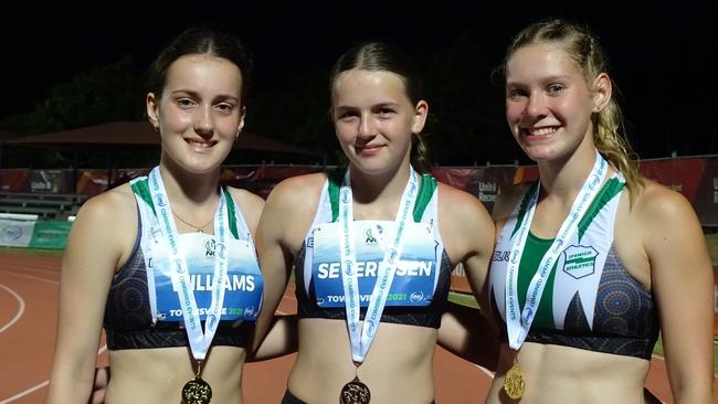 Ipswich and District Athletic Club trio (from left) Monique Williams, Abbie Severinsen and Charlize Goody were among the medal winners at the Athletics North Queensland Championships in Townsville. Picture: Vic Pascoe