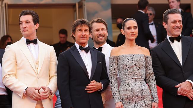 Tom Cruise with his co-stars, Miles Teller, Glen Powell, Jennifer Connelly and Jon Hamm. Picture: Getty Images