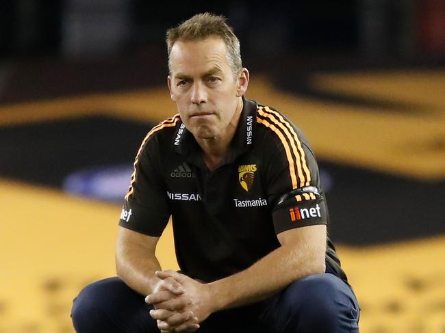 MELBOURNE, AUSTRALIA - JUNE 28: Alastair Clarkson, Senior Coach of the Hawks looks on during the 2020 AFL Round 04 match between the Hawthorn Hawks and the North Melbourne Kangaroos at Marvel Stadium on June 28, 2020 in Melbourne, Australia. (Photo by Michael Willson/AFL Photos via Getty Images)