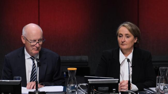 Qantas chair Richard Goyder and chief executive Vanessa Hudson at the AGM in Melbourne on Friday. Picture: Luis Ascui