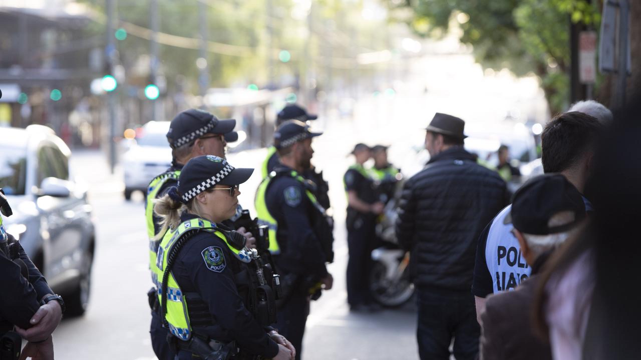 There was a strong police presence at Monday’s pro-Palestinian vigil outside Parliament House. Picture: Brett Hartwig